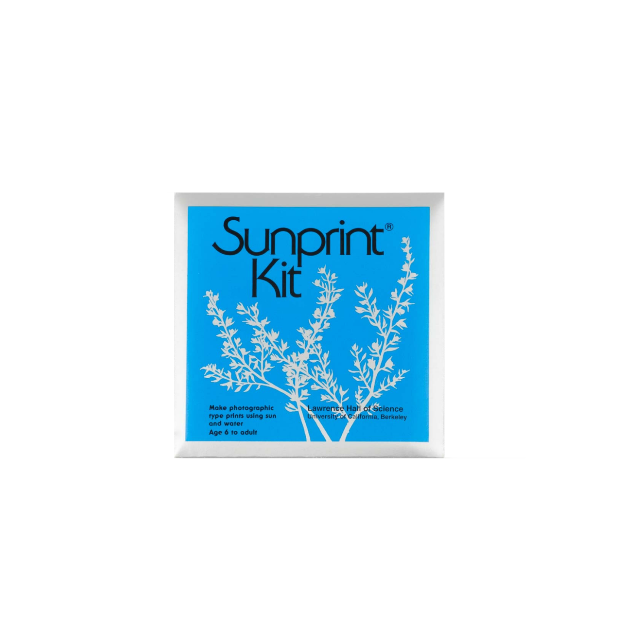 Sunprint Kit package with silhouette of a plant on bright blue background.