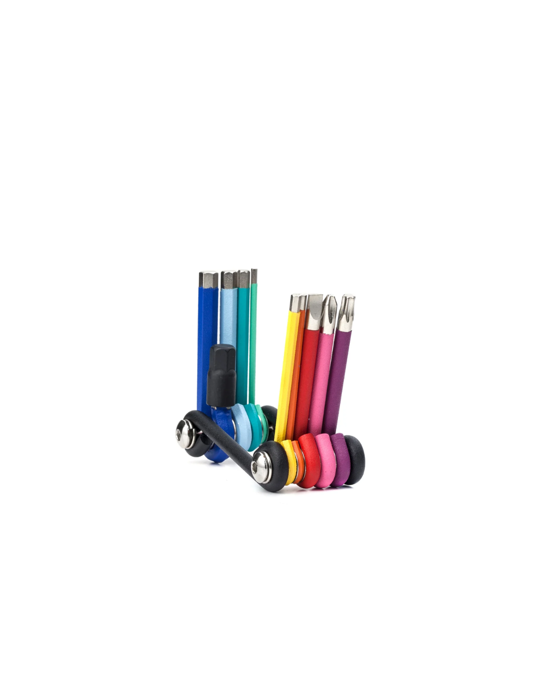 A mini multi tool set in a rainbow of colors in an open position.