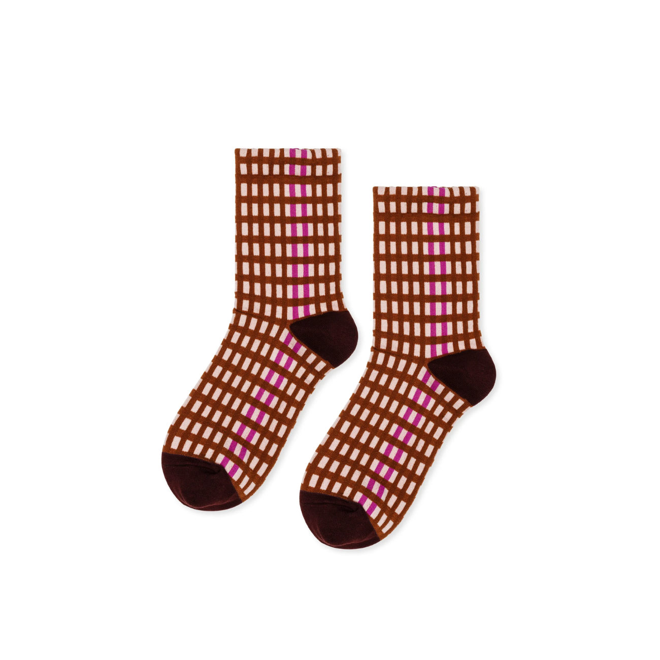 A pair of tan socks with a brown and pink grid pattern.