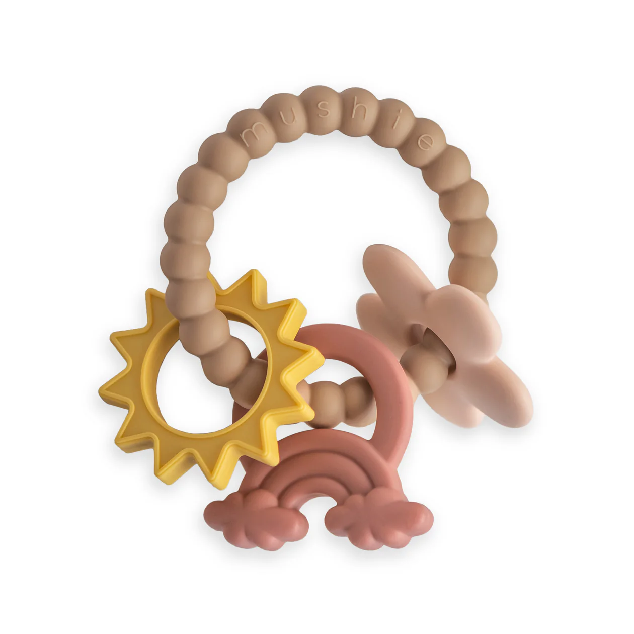 Mushie Nature Teething Ring, a silicone teether with a sun, a rainbow and a flower made of silicone.