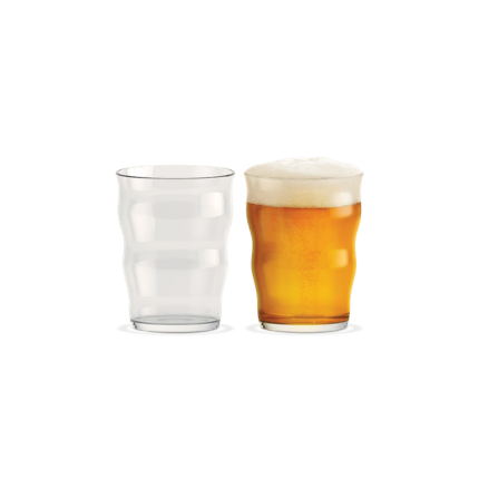 Two Pint Beer Glasses with a wavy form, one empty and one filled with beer.