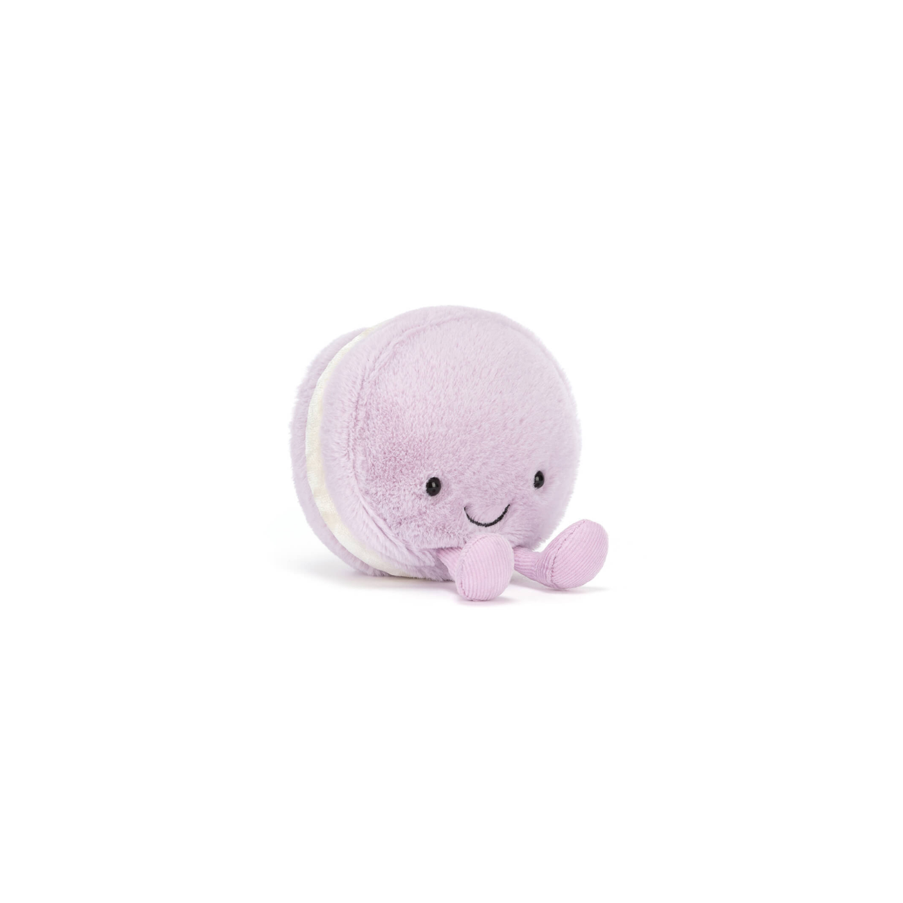 Jellycat May Macaron, a plush lavender macaron with cream velvet filling, hard black eyes, black embroidered smile, and lilac corduroy legs and feet.