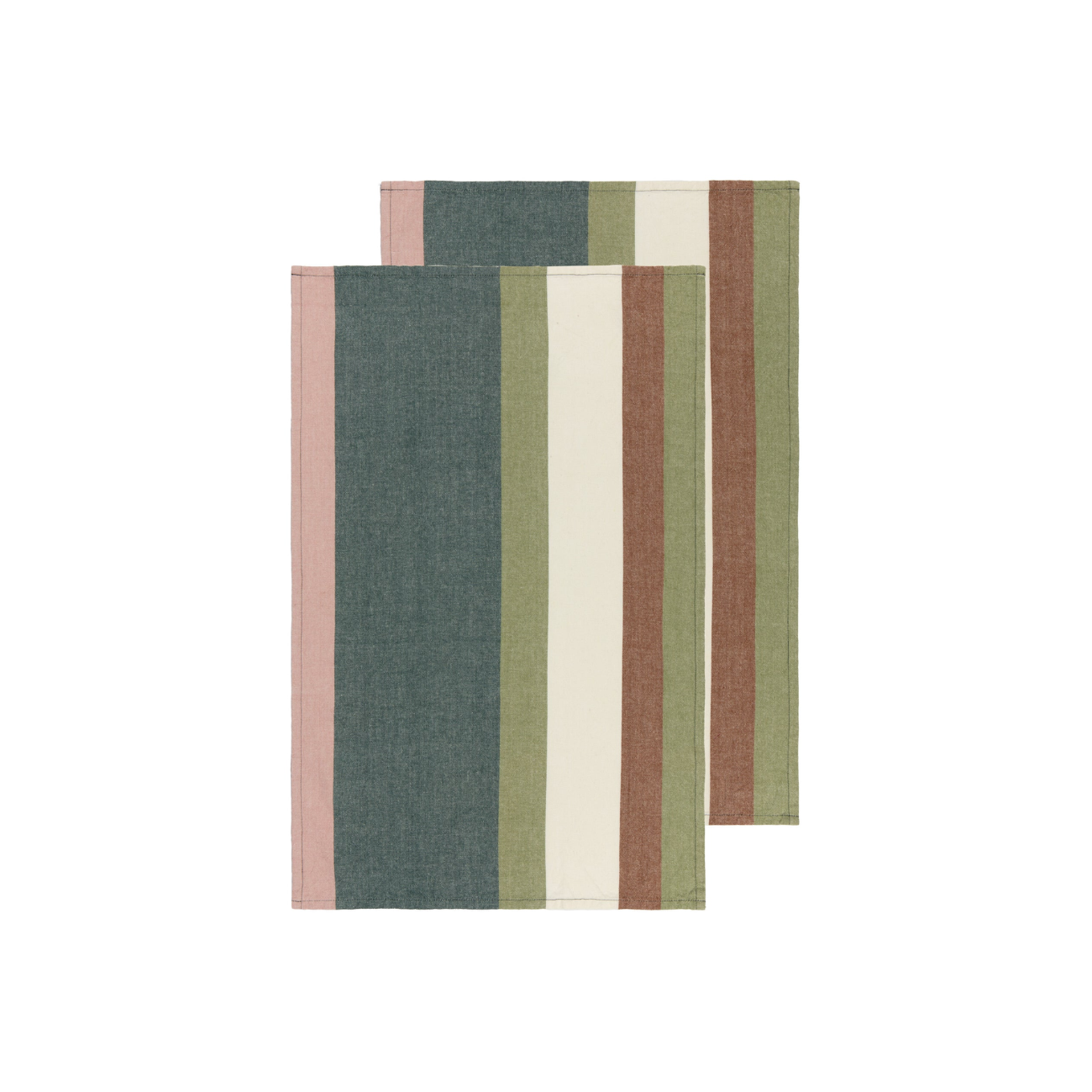 Two Danica Studio Oblique Dishtowels with stripes in pink, green, ivory and brown.