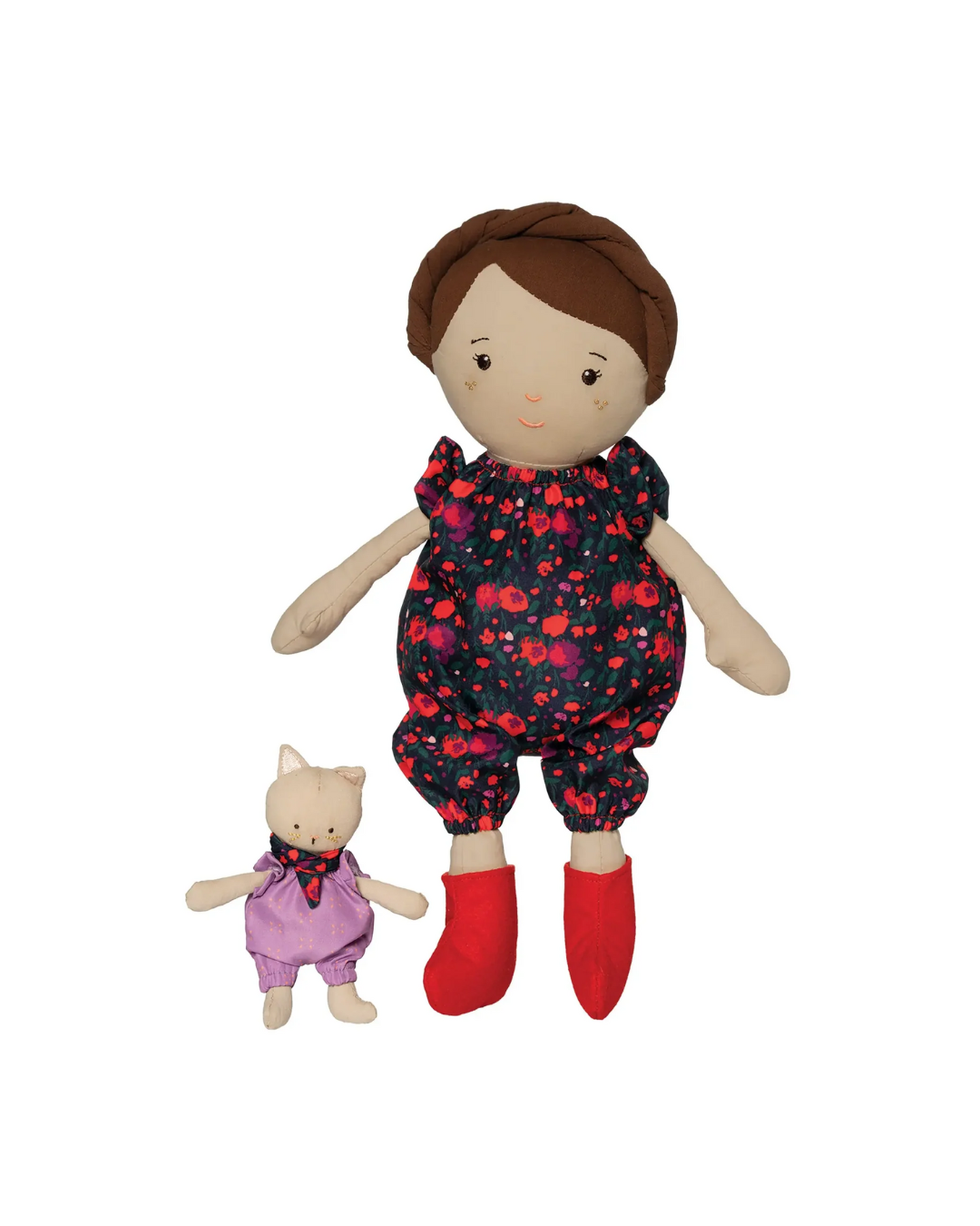 A soft doll with brown hair, a folral dress and red boots with her pet cat that's wearing a purple jumpsuit.