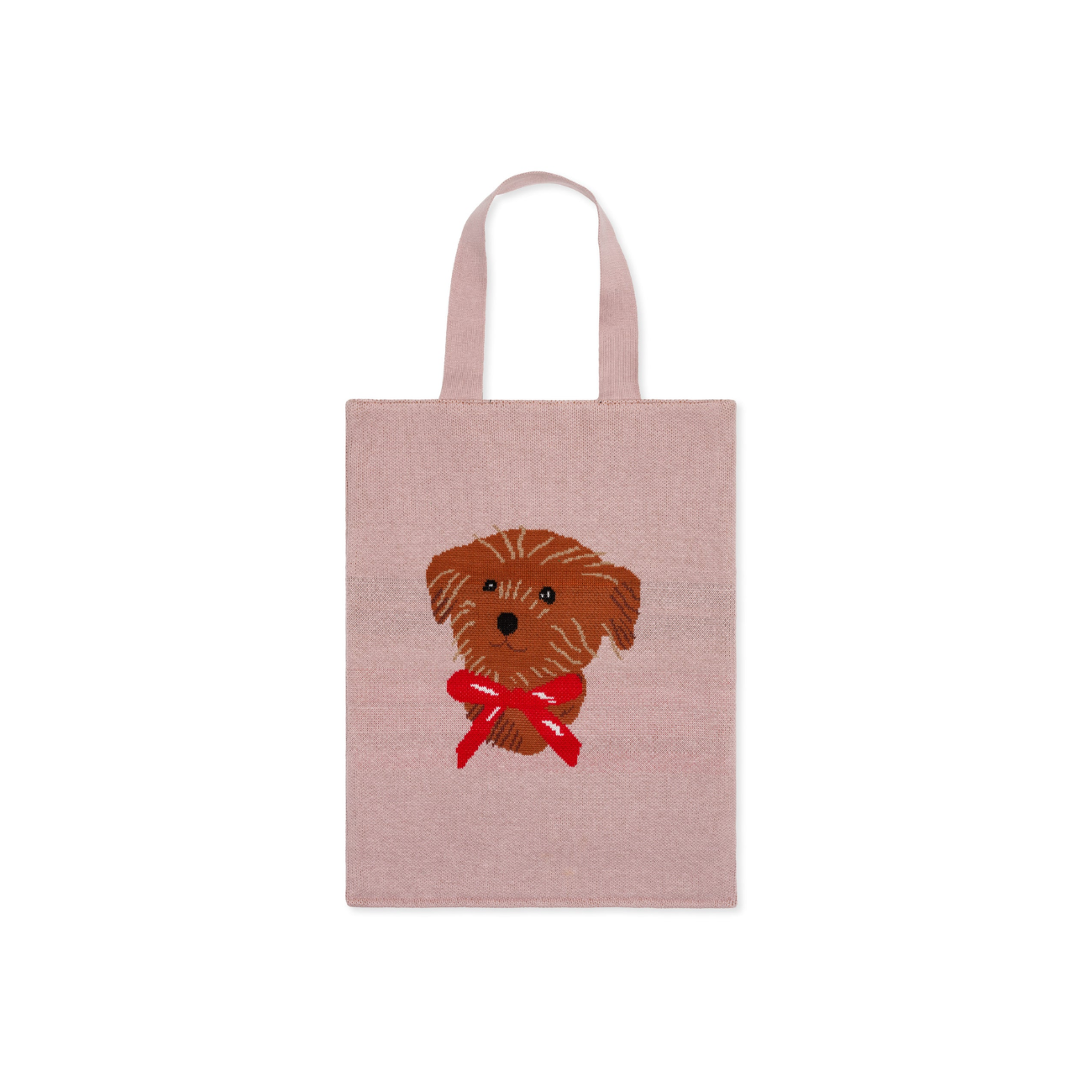 Hansel From Basel Gus Tote Bag, a light mauve knit tote with the bgraphic of a brown dog wearing a red bow around its neck.
