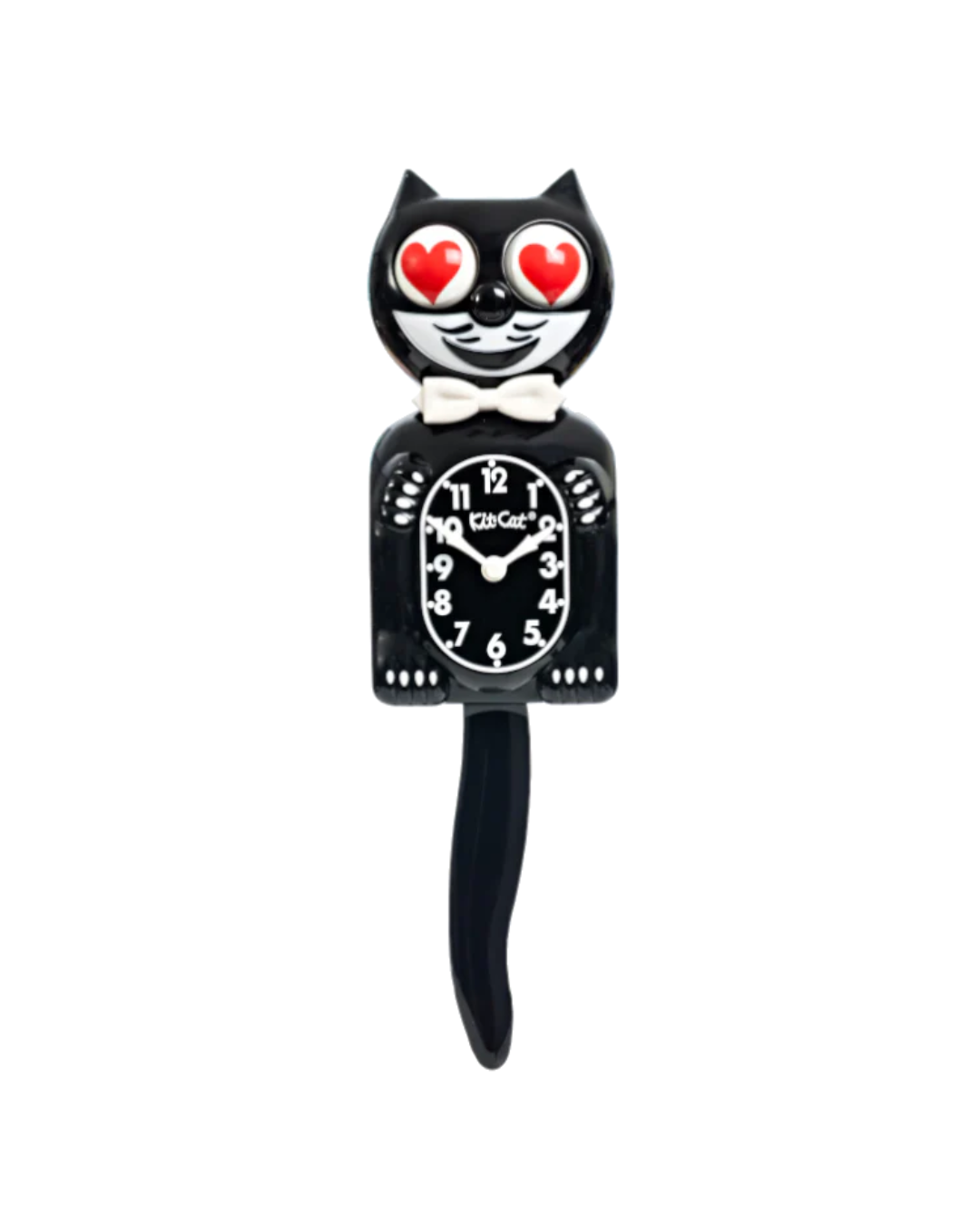 A black clock in the shape of a cat's head and body, with white details and red heart eyes.
