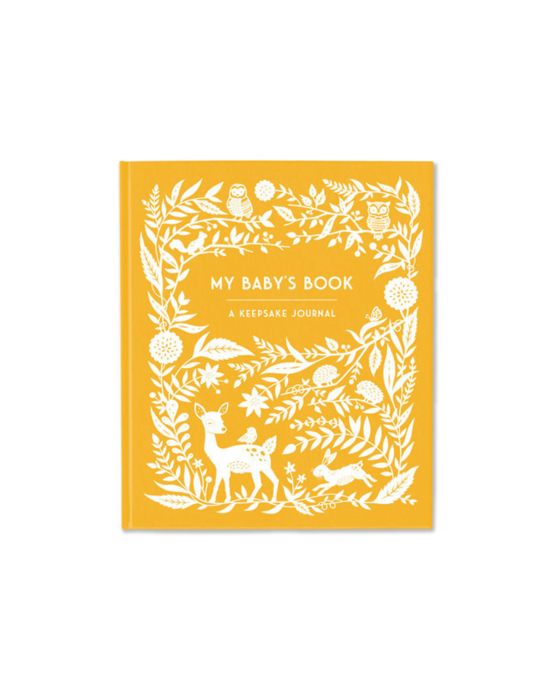 A golden yellow book cover with inset, white floral designs surrounding the title, and a deer and rabbit at the bottom.