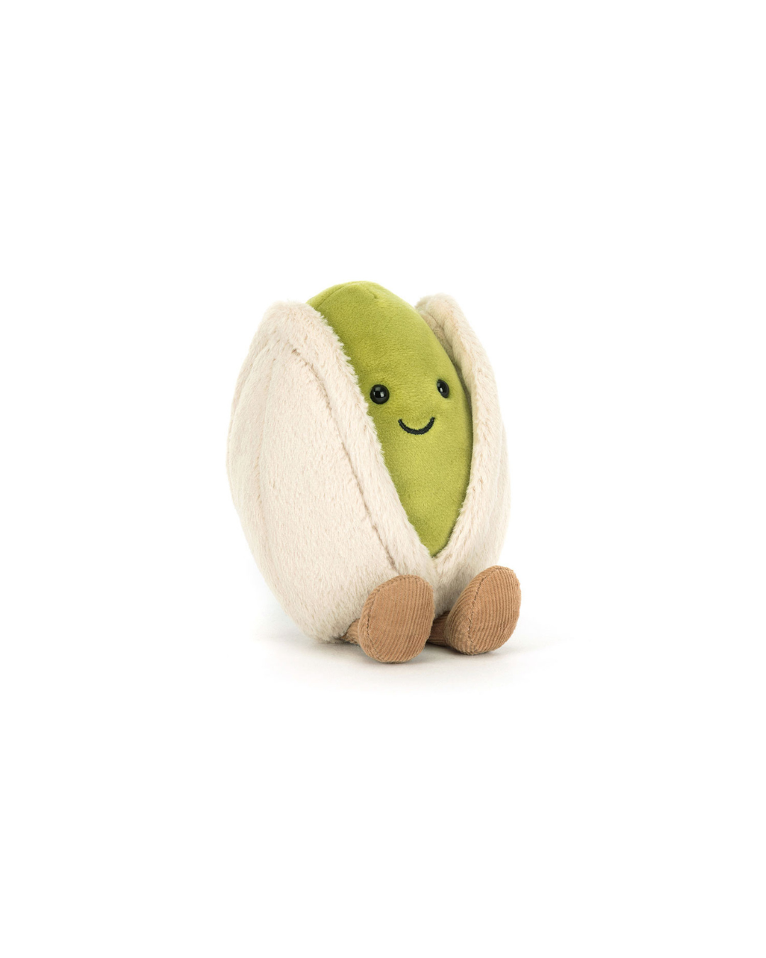 Jellycat Amuseables Horatio Pistachio, a plush pistachio with a beige shell and green seed, hard black eyes, and embroidered smile, and brown legs.