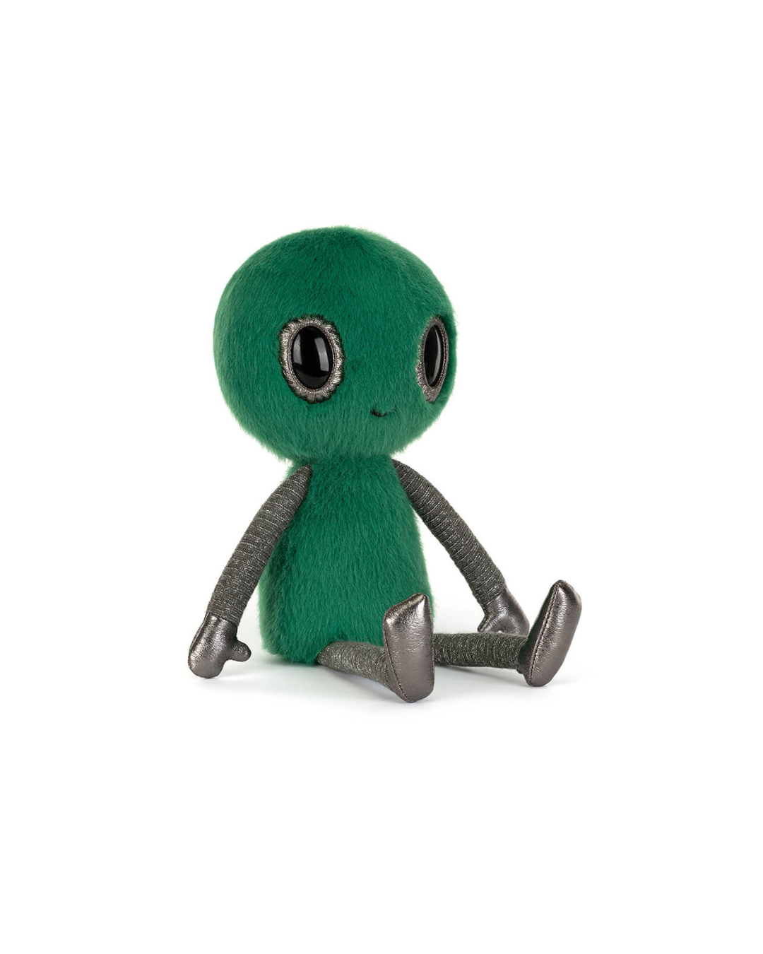 Jellycat Zyllan Alien, a plush, Kelly green alien woth large black eyes, an embroidered smile, and gunmetal arms and legs