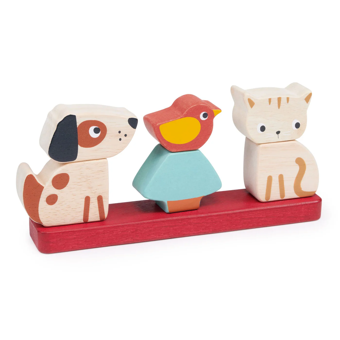 Mentari Pet Stacker, a wooden stacking toy with a stackable dog, bird, and cat..