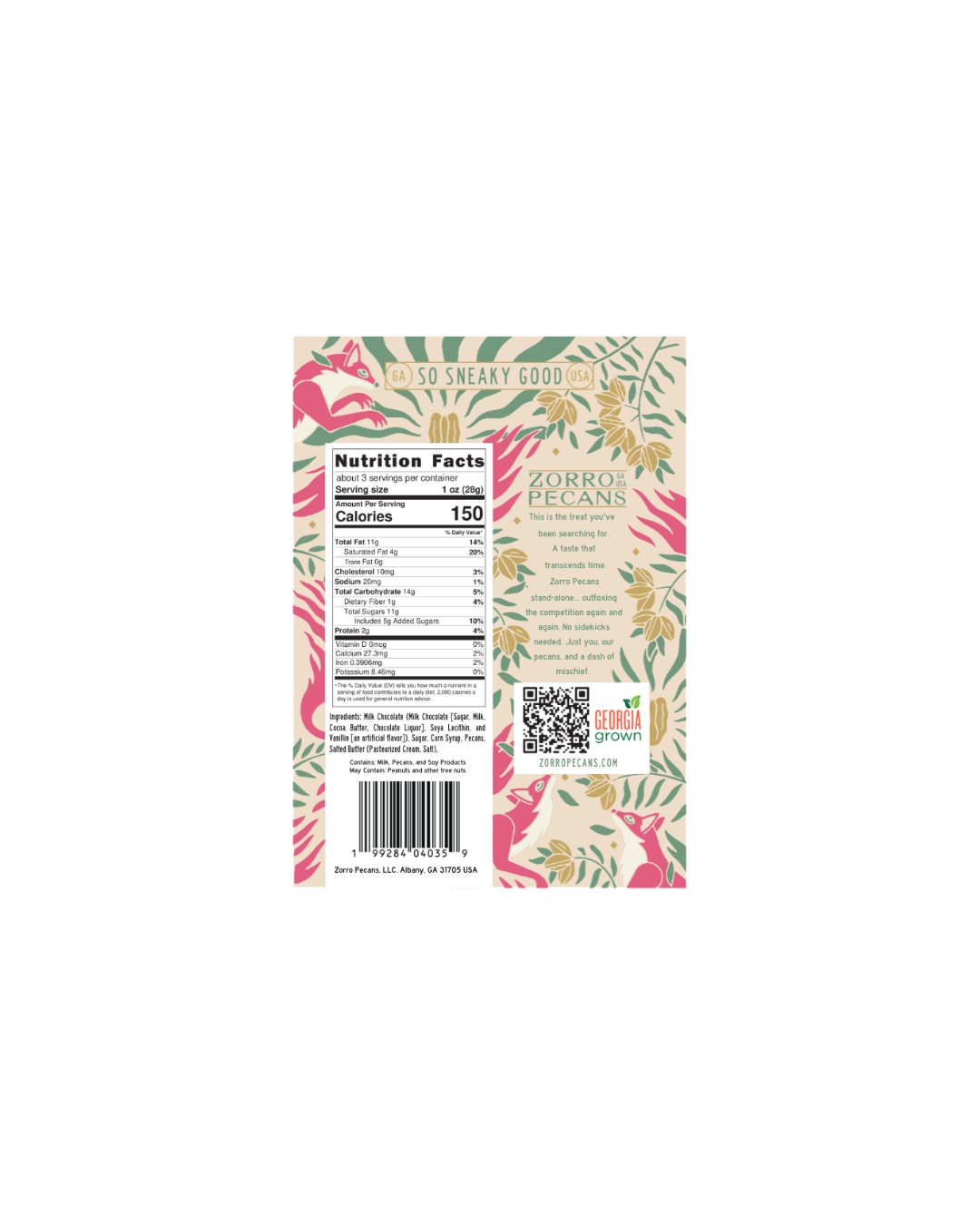 Back of Zorro Pecans Pecan Toffee bag showing nutrition info.