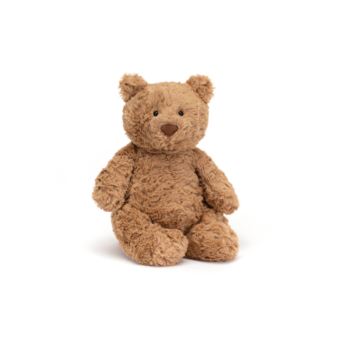 Jellycat Bartholomew Bear, a plush brown bear with hard black eyes and a brown nose.