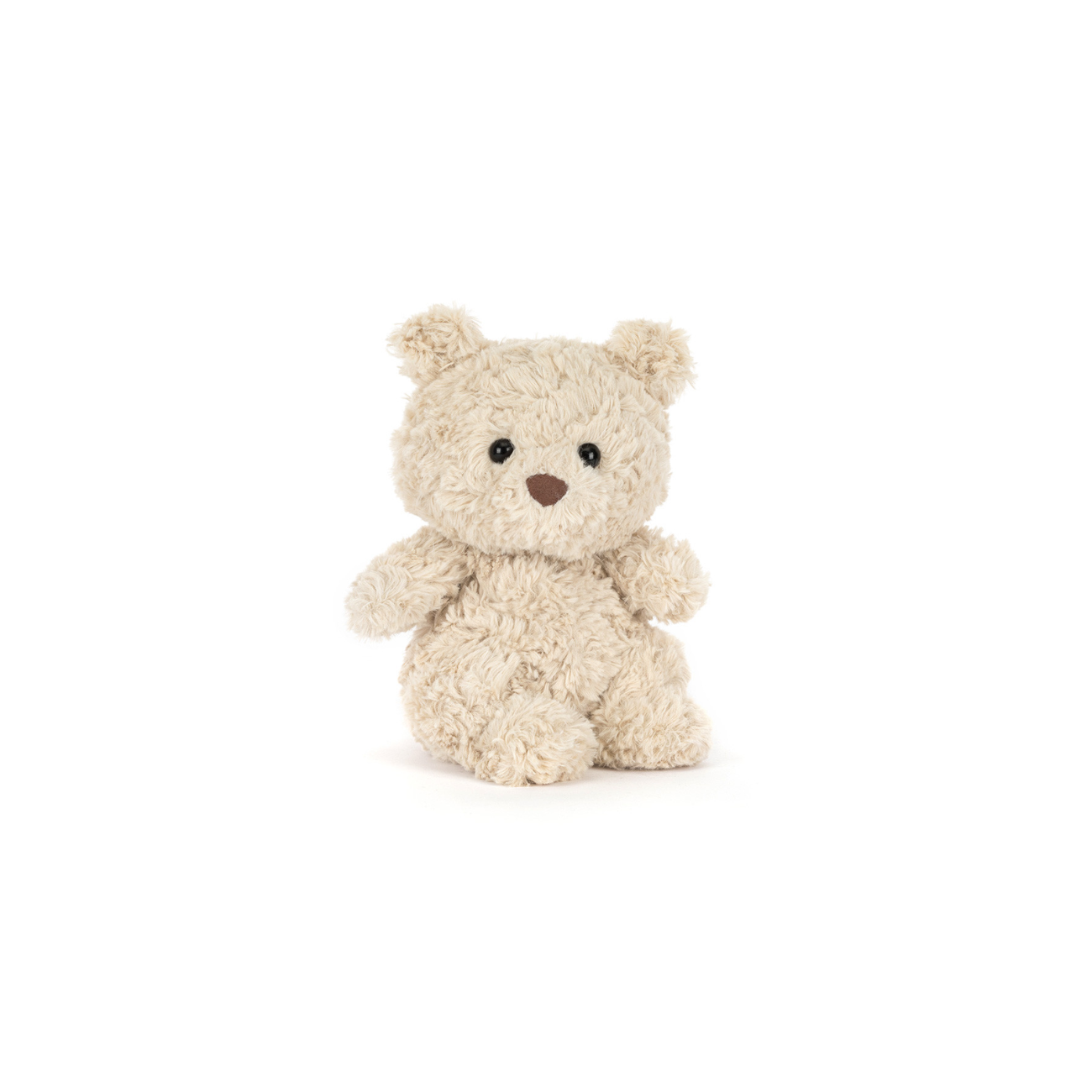 Jellycat Bartholomew Bear Junior, a plush beige bear with hard black eyes and brown embroidered nose.