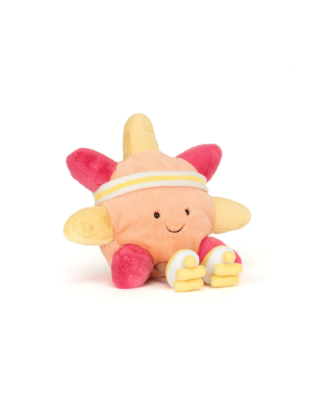 Jellycat Amuseables Sun 'Roller Skate', a plush peach sun with yellow and pink rays, a yeloow and white striped sweatband and roller skates, hard black eyes and embroidered smile.