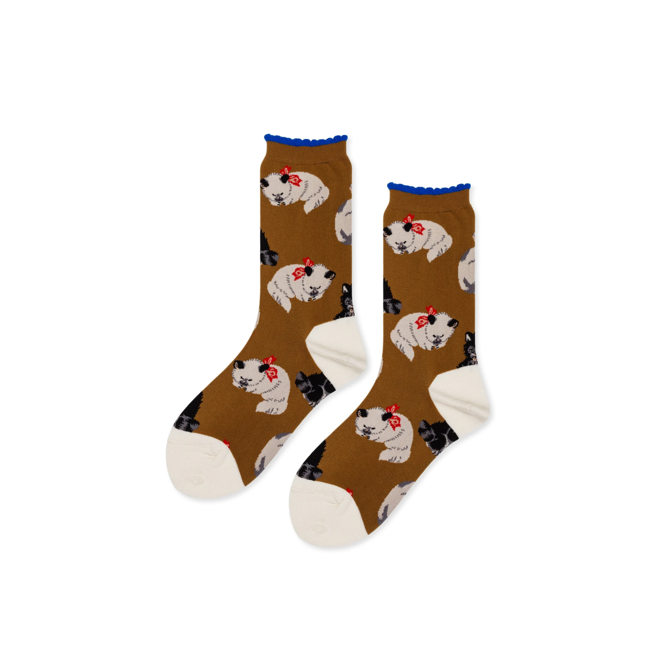 A pair of brown socks with ivory toecaps and a graphic of cats with bows.