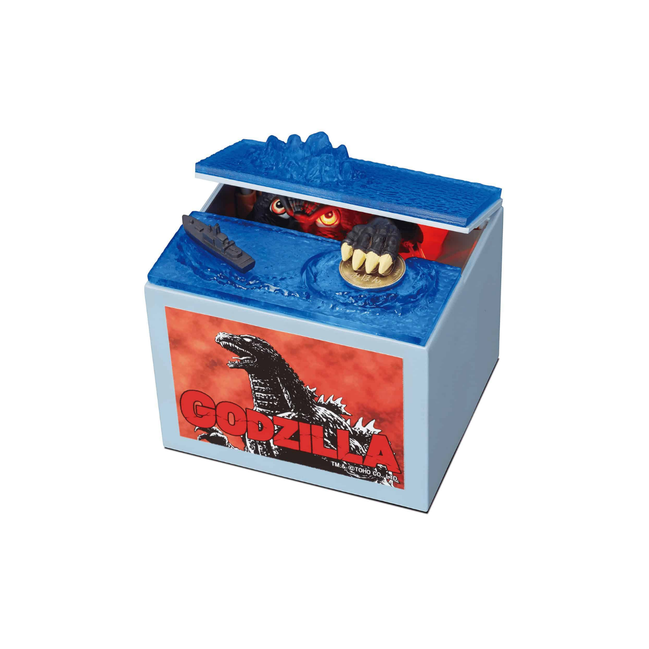 A light blue Godzilla in Box Bank, with an image of Godzilla on the front and Godzilla peeking out with a claw reaching out.
