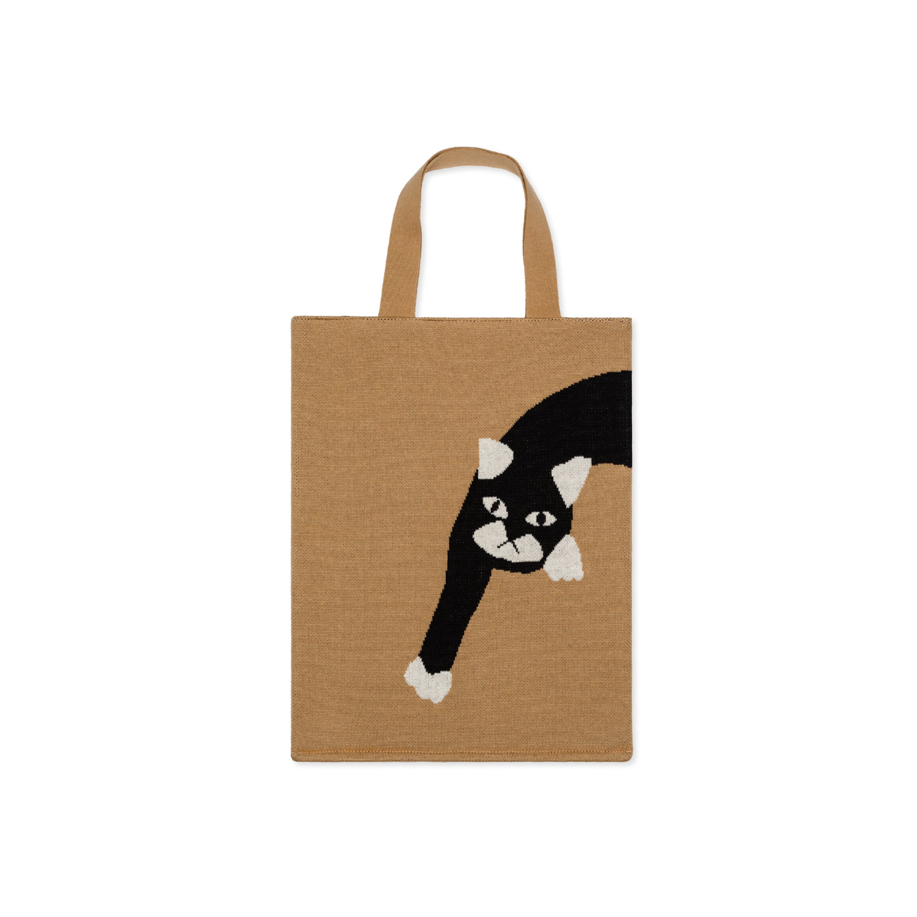 Hansel From Basel Pounce Tote, a light brown knit tote with a graphic of a black and white cat on it.