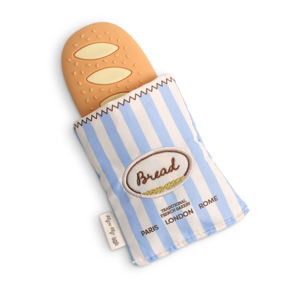 Baguette Teensy Crinkle, a teether shaped like a French baguette inside a blue and white striped crinkle sleeve.