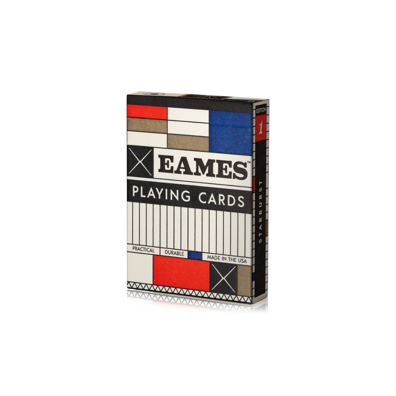 Front angled view of a box of Eames "Starburst" Playing Cards with a geometric graphic in red, white, blue and black.