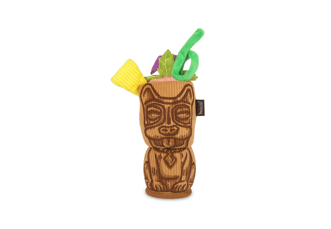 Tiki Time Dog Toy, a brown corduroy dog toy in the shape of a cocktail with the image of a French bulldog and a purple umbrella and green straw at the top.