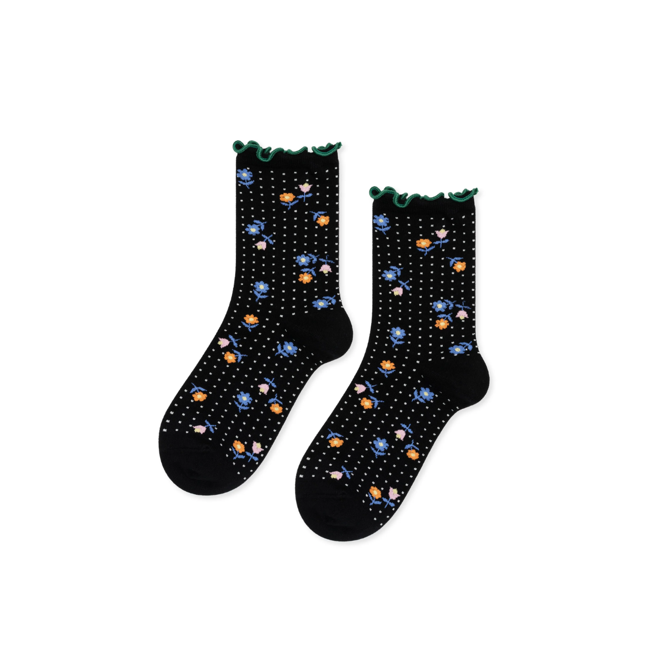 A pair of black crew socks with tiny white dots and blue flowers.