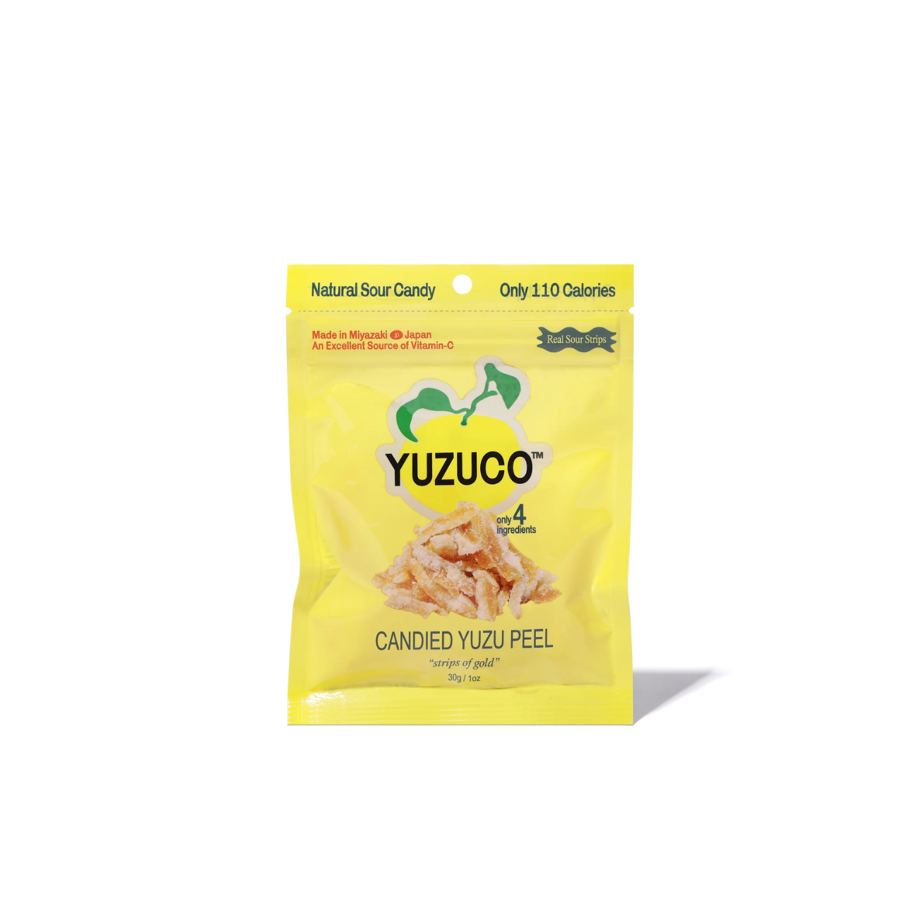 A bright yellow package of Yuzuco Candied Yuzu Peel.