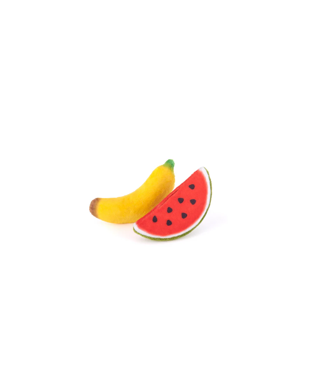 Tutti Fur-utti Cat Toy, a plush yellow banana attached to a plush watermelon slice.