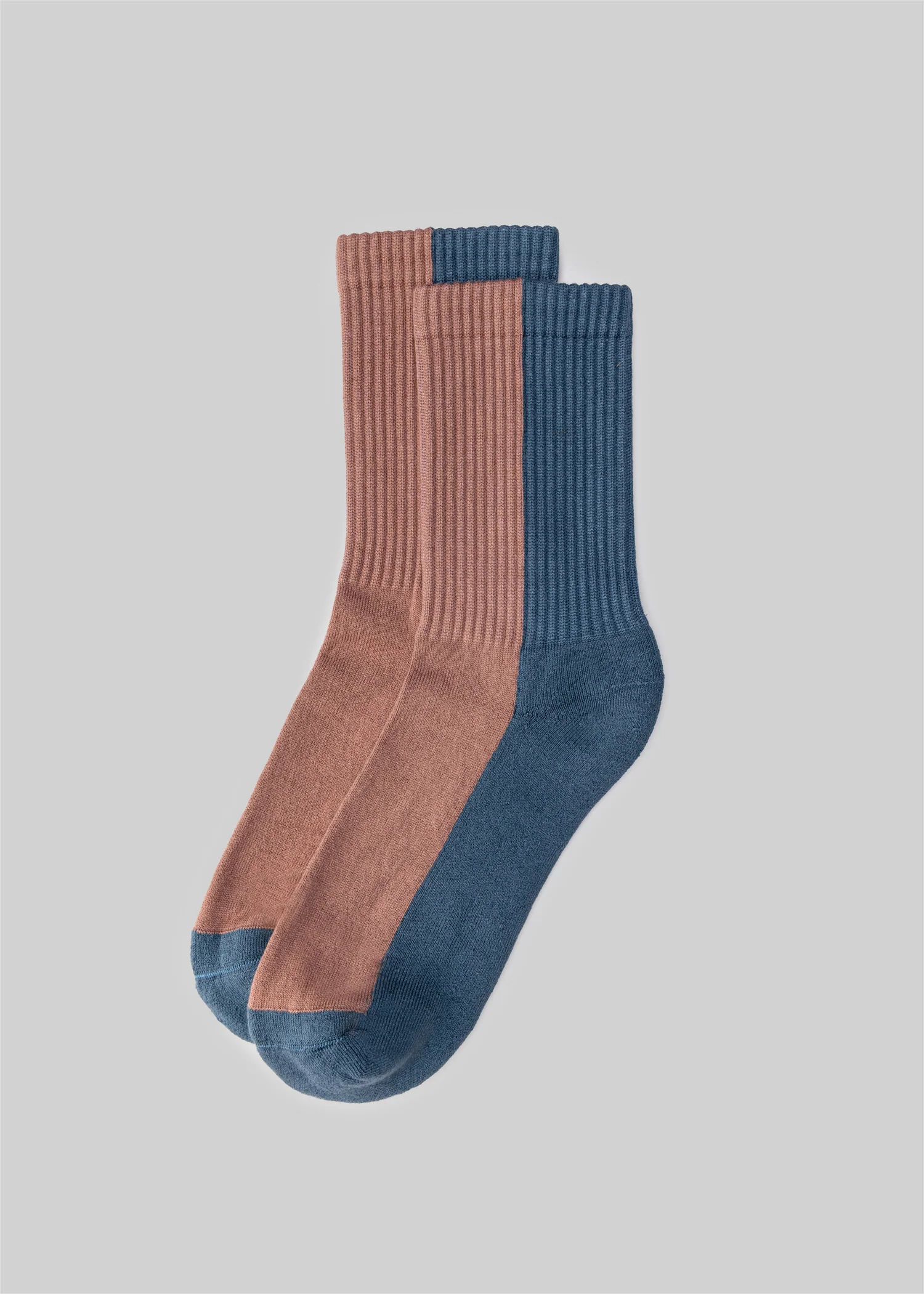 American Trench Dual Tone Socks, colorblocked in rosewood and medium blue.