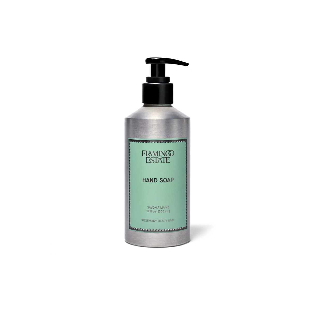 A silver bottle with a black pump and green label containing Flamingo Estate Rosemary Clary Hand Soap.