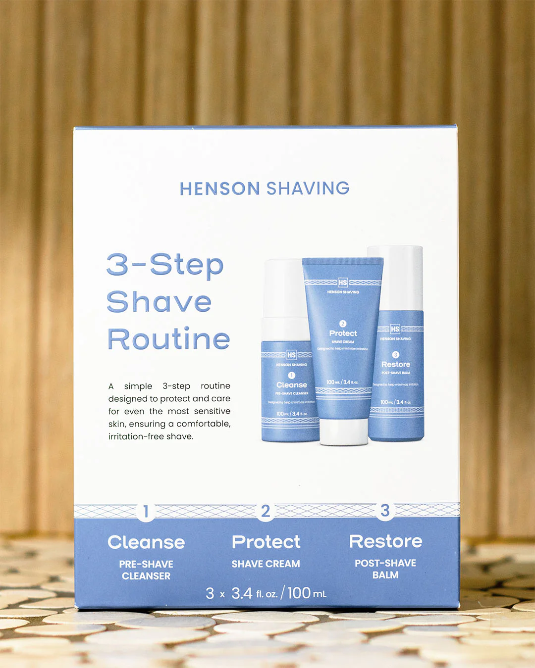 A Henson 3-Step Shave Routine Kit, with an image of three products in periwinkle packaging.