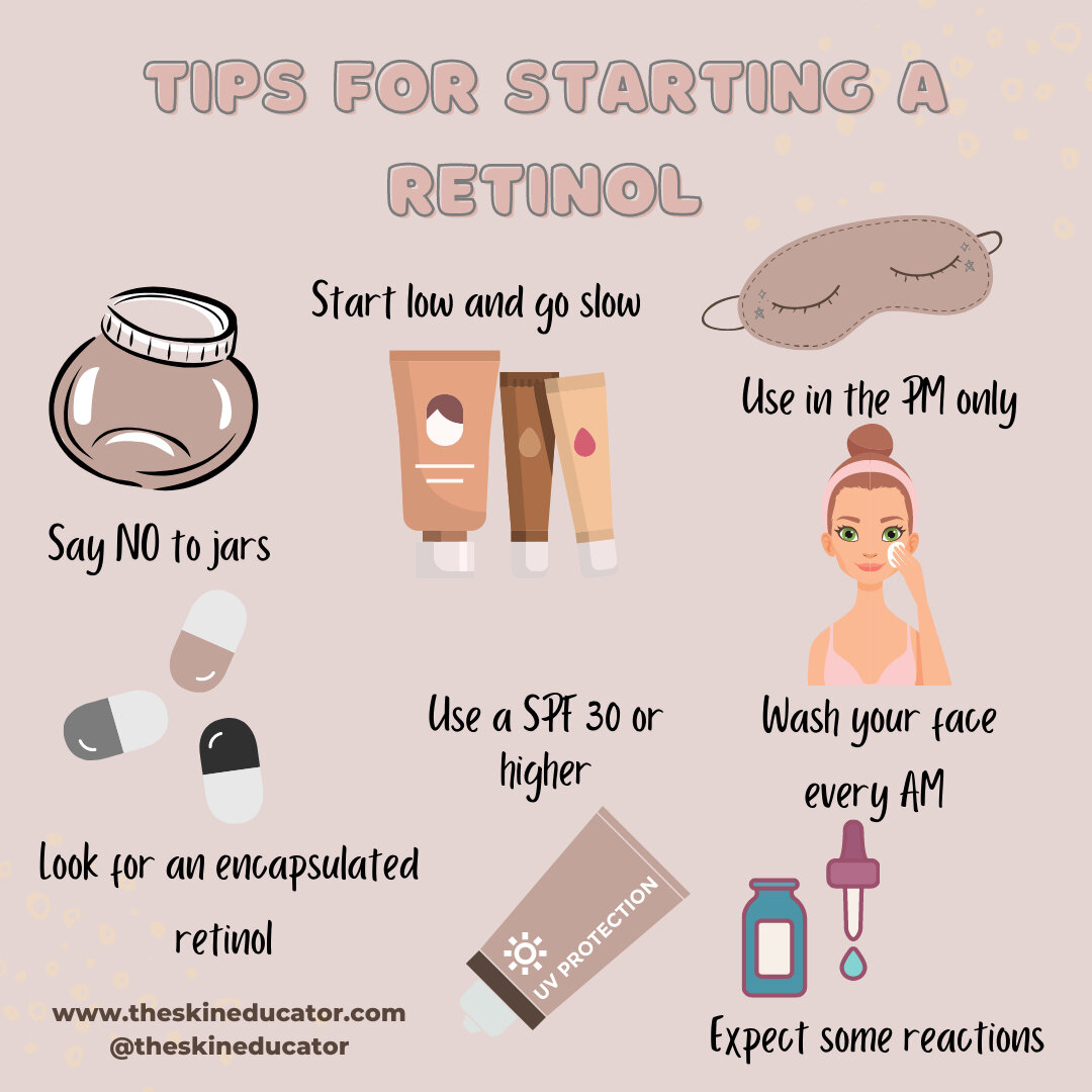 Tips for Starting a Retinol 🤍⠀⠀⠀⠀⠀⠀⠀⠀⠀
&bull;⠀⠀⠀⠀⠀⠀⠀⠀⠀
Say NO to jars. Vitamin A will eventually break down and oxidize when exposed to light and air turning it a yellowish/brown color. Instead choose a Retinol in a serum type container to minimize 