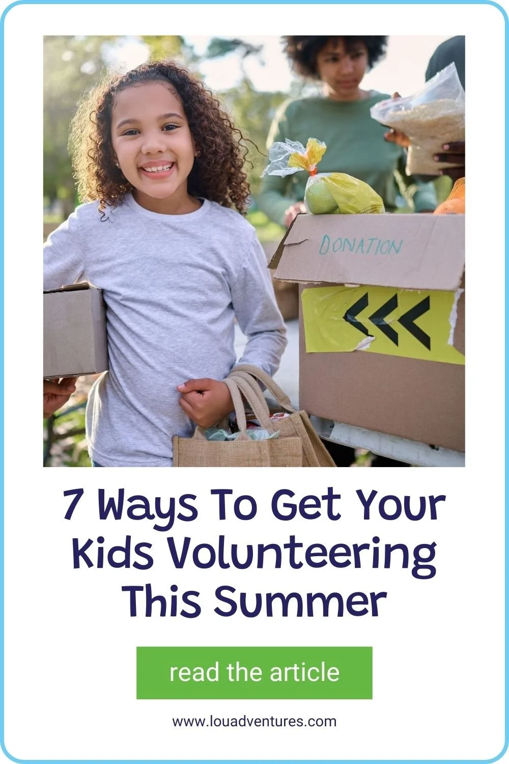 mixed race young girl smiling, standing next to a donation box holding bags
