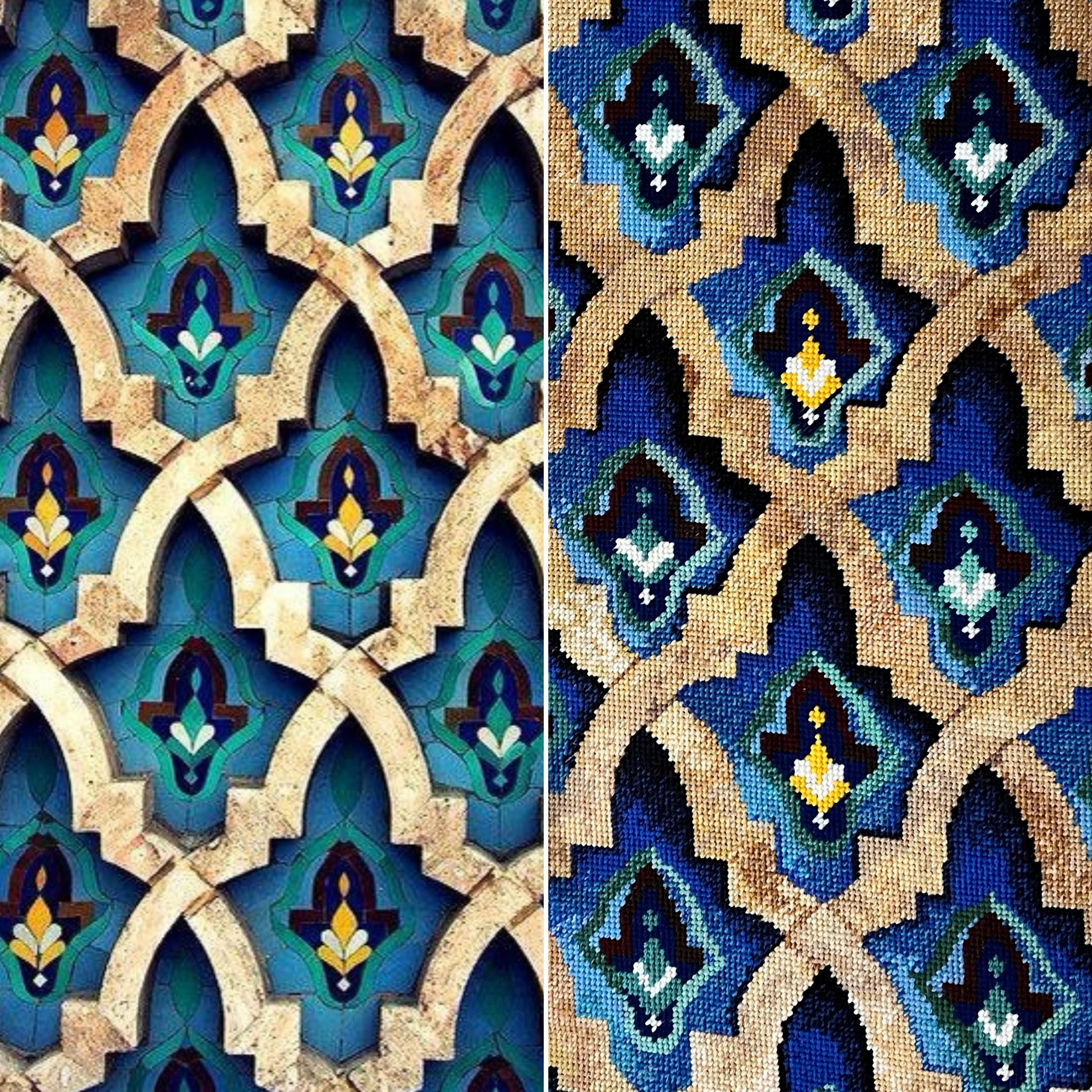 Left: ceramic tiles. Right: needlepoint. 

Latest completed needlepoint inspired by &lsquo;zellige&rsquo; Moroccan tiles found at Hassan II Mosque, Casablanca.  Stitched with pure wool from the Estate range at @morrisandsons Sydney, on 5 count canvas