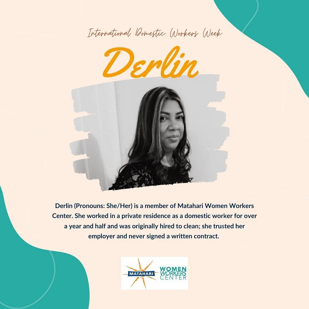 (Espa&ntilde;ol abajo) 
This coming Wednesday is International Domestic Workers Day,  so this whole week we'll be uplifting their stories, triumphs, &amp; ways in which we can all get involved as a community. 

This is Derlin. 
We hope you'll stick a