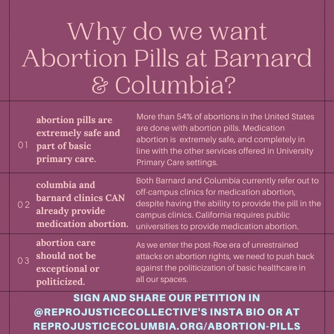 Share this post so we can demand Barnard and Columbia STOP exceptionalizing abortion services. Abortion rights mean nothing without abortion access. 
.
OUR PETITION FOR ABORTION PILLS ON CAMPUS IS LIVE! It's in the link in our bio and also available 
