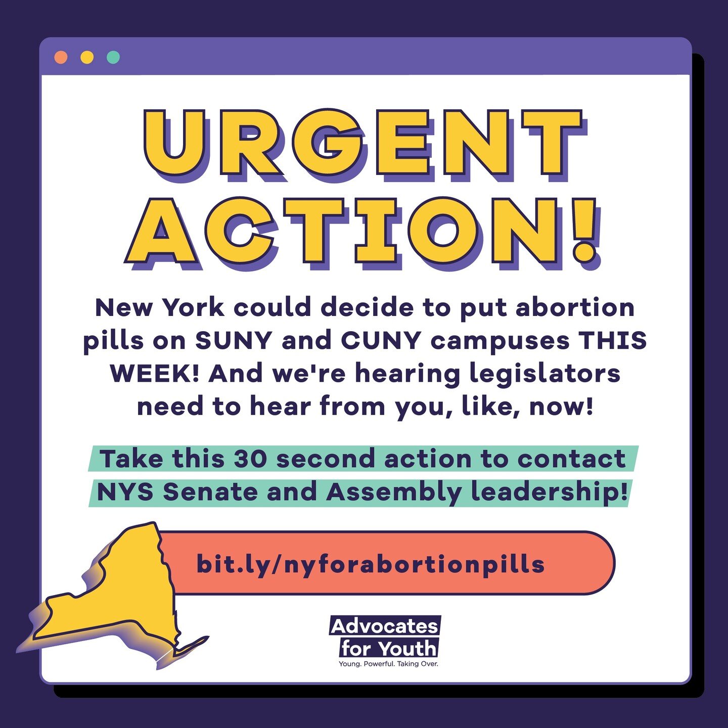 URGENT UPDATE!! Legislators are deciding THIS WEEK about whether to pass legislation for medication abortion on campus. RJC + Advocates for Youth are teaming up to call on EVERYONE to send a quick email and call up Senate and Assembly Leadership! 

W