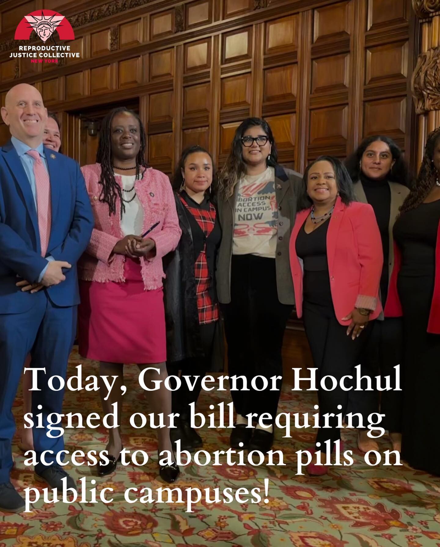 VICTORY! We went up to Albany today for the signing of our medication abortion access on campus bill!!! It was especially emotional given that this was the one year anniversary of the leak of the opinion overturning Roe v Wade. We&rsquo;re so proud t
