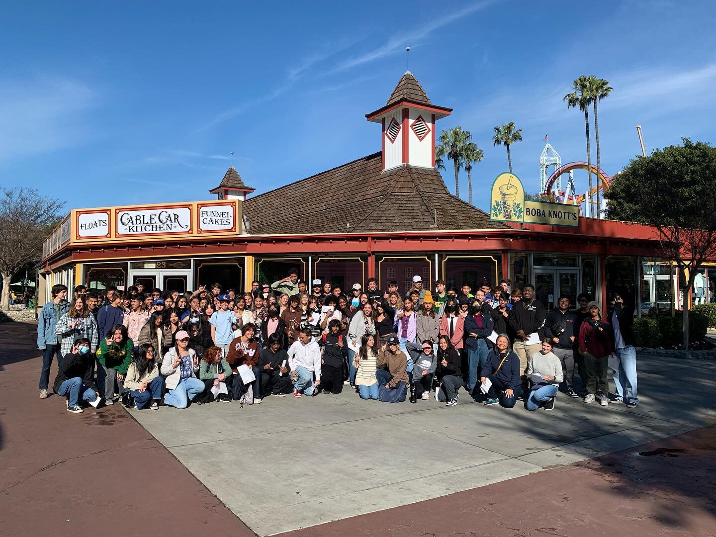 PACE 9th Graders enjoying Physics Day at Knott&rsquo;s. 💛💚🐰🐰💚💛
