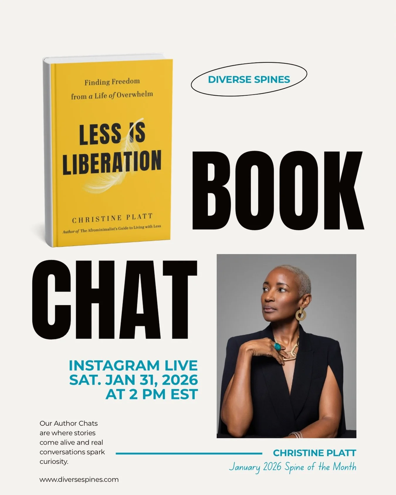 Our first book chat of 2026 is happening this Saturday! 📚✨ Join us for an Instagram Live conversation with Christine Platt about LESS IS LIBERATION.

In Less Is Liberation, Christine explores how letting go of excess at home, in our minds, and in ou