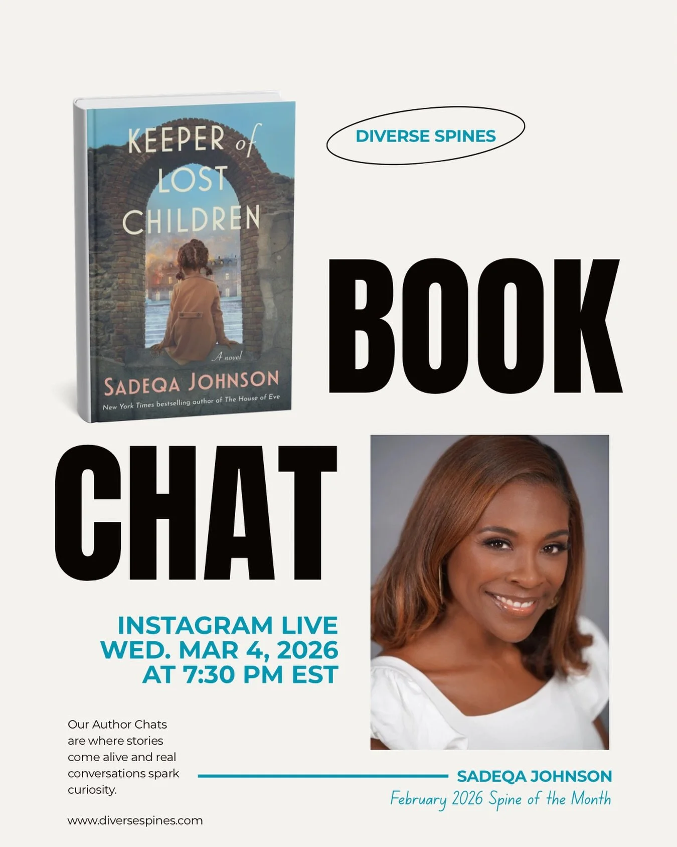 Tomorrow night! 📚✨

Join us for our IG LIVE  Book Chat featuring @sadeqasays, author of Keeper of Lost Children, our February Spine of the Month.

🗓 Wednesday, March 4, 2026
⏰ 7:30 PM ET

Make sure to tap the calendar reminder so you don&rsquo;t mi