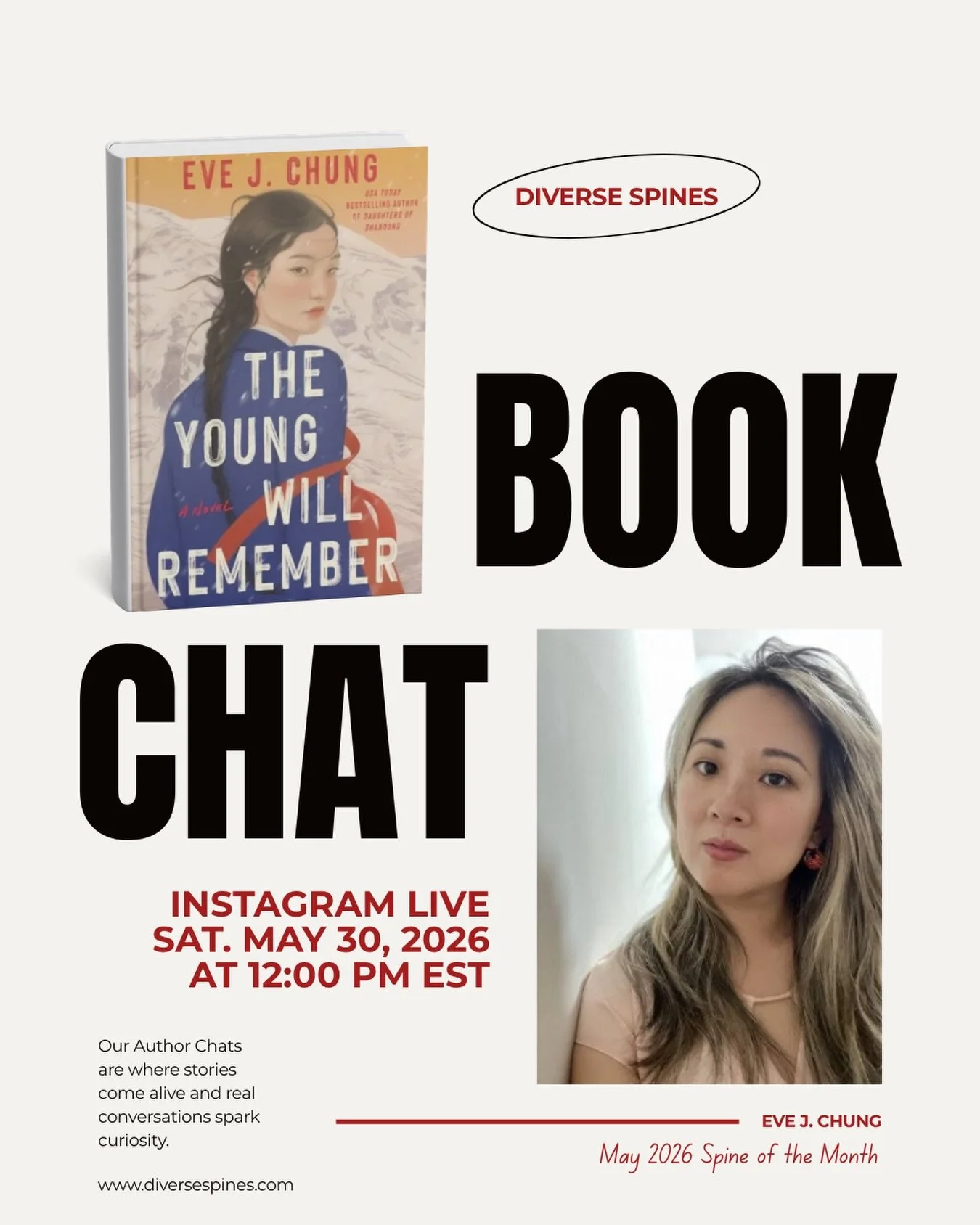 Join us tomorrow at 12 PM EST on Instagram Live for our May Spine of the Month book chat with @eve.j.chung.writes as we discuss The Young Will Remember. 📚✨

Looking forward to another great conversation with the book community. 💫

📚💛📚

#DiverseS