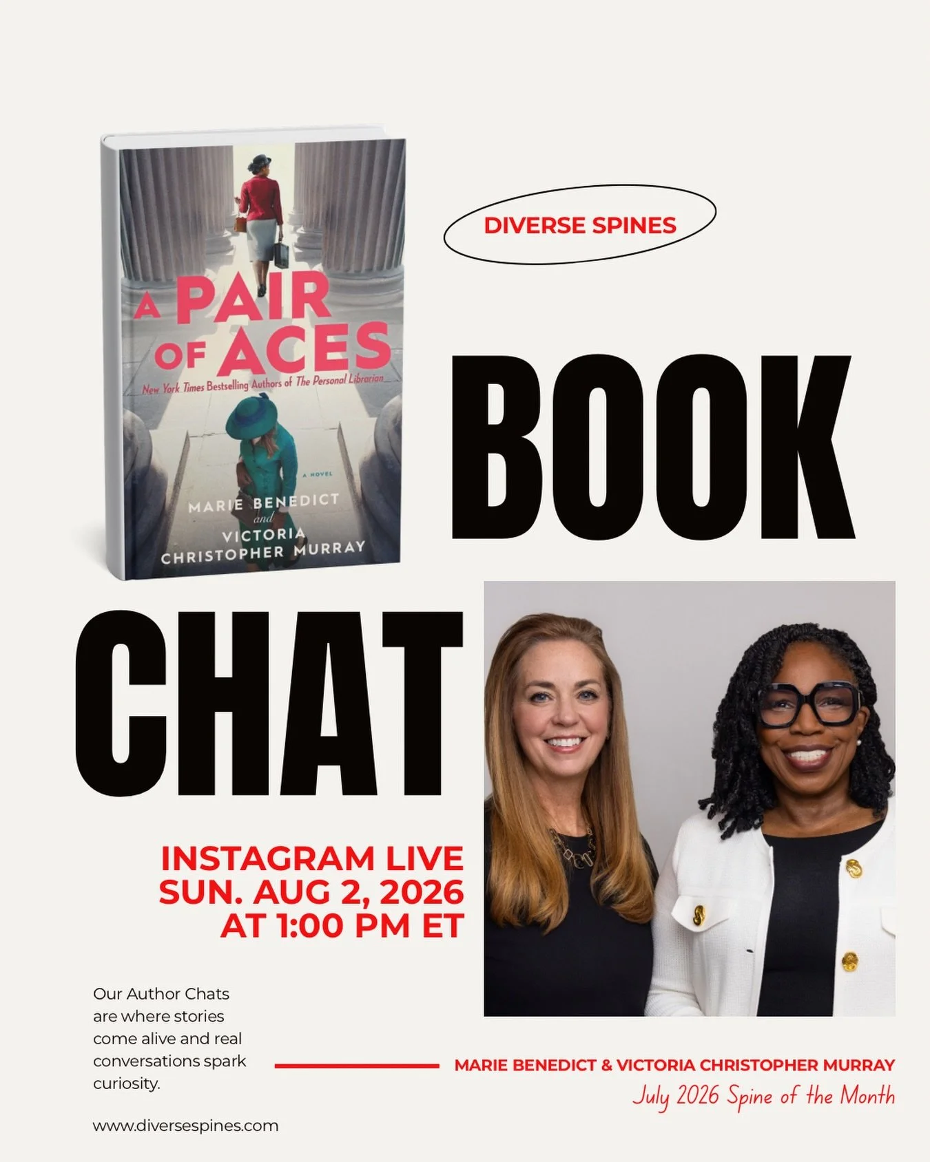 Book Chat Day is Sunday! ☀️📚

Join us Sunday, August 2 at 1:00 PM ET on Instagram Live as we welcome @authormariebenedict and @victoriachristophermurray to discuss our July Summer Reading Series selection, A PAIR OF ACES.

Set in 1930s New York, A P