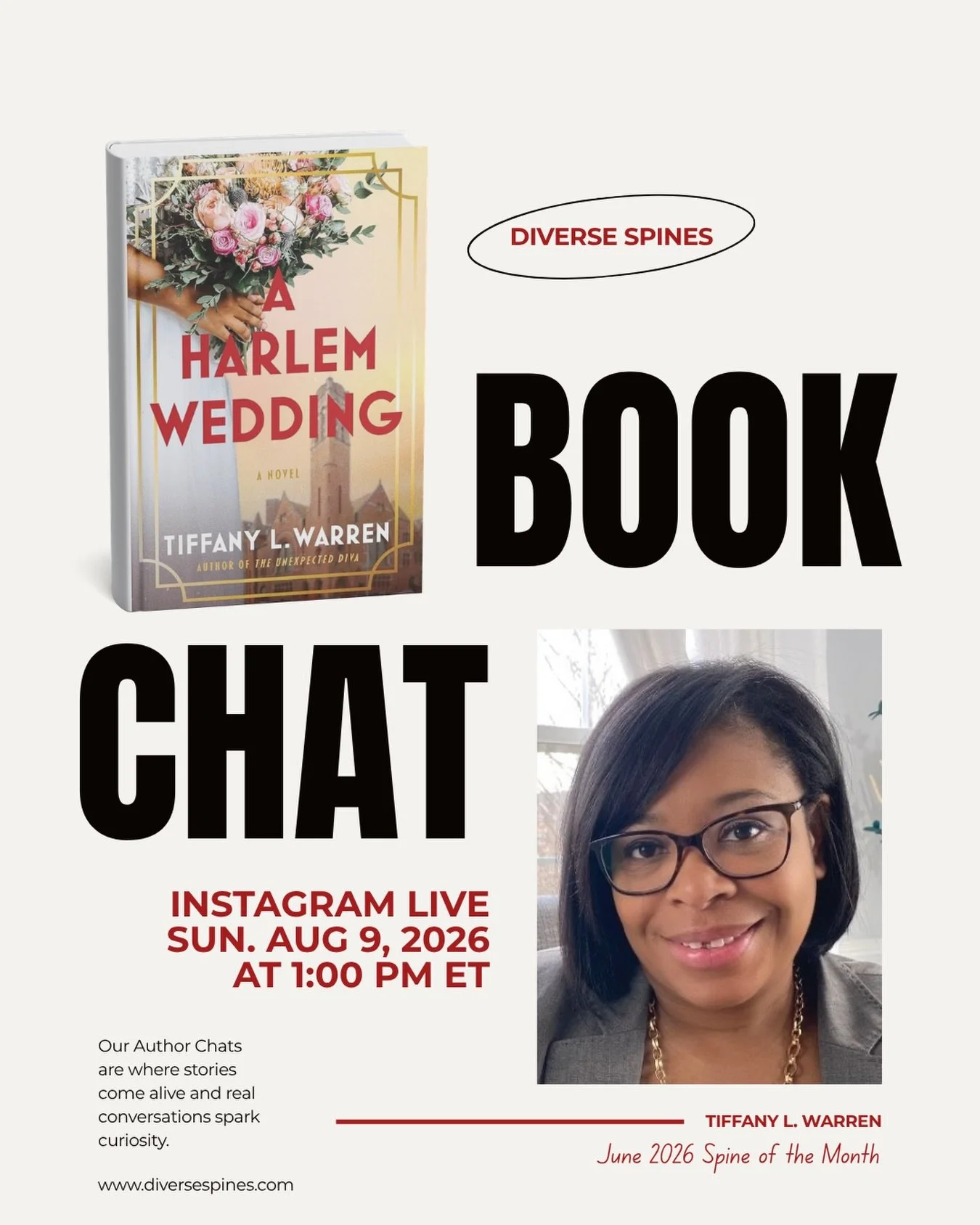 Join us for our rescheduled June Book Chat with @tiffanylwarren! 📚✨

A HARLEM WEDDING kicked off our Summer Reading Series, and I can&rsquo;t wait to finally chat with Tiffany tomorrow, Sunday, August 9 at 1 PM ET!

Set during the Harlem Renaissance