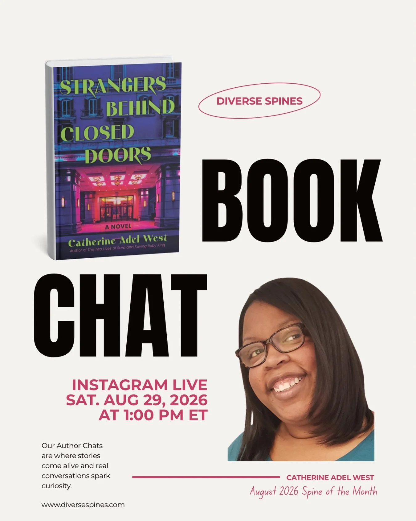BOOK CHAT DAY IS TOMORROW! 📖✨
Join us tomorrow for a conversation with @cawest329, author of STRANGERS BEHIND CLOSED DOORS, our August Spine of the Month.

When a beauty influencer disappears from Chicago&rsquo;s glamorous Ivory Hotel, a determined 