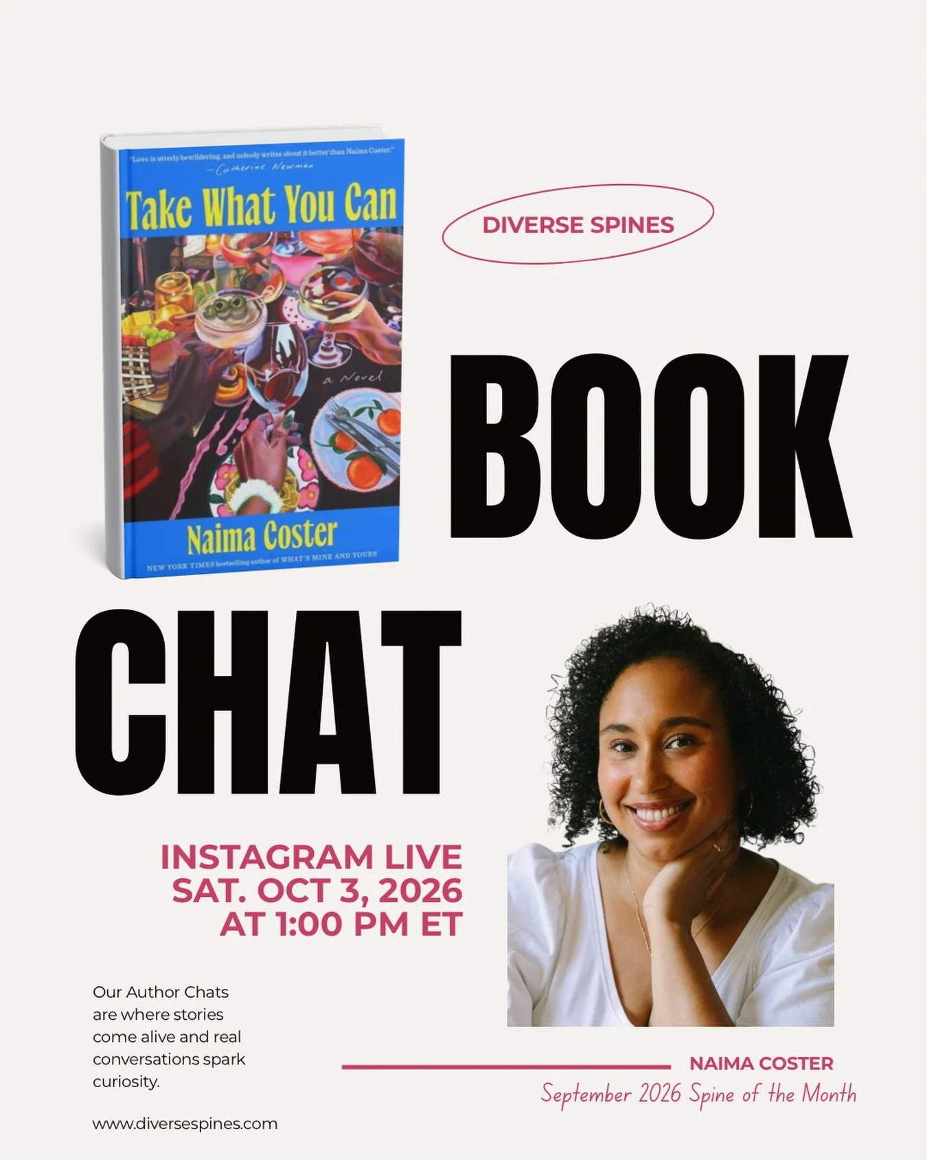 BOOK CHAT DAY! ✨ Tomorrow we are chatting with @naimacoster for our September  Spine of the Month, TAKE WHAT YOU CAN. Don&rsquo;t miss this exciting discussion as we welcome Naima to the Diverse Spines community. 

Join us Saturday, 10/3 at 1pm ET! 
