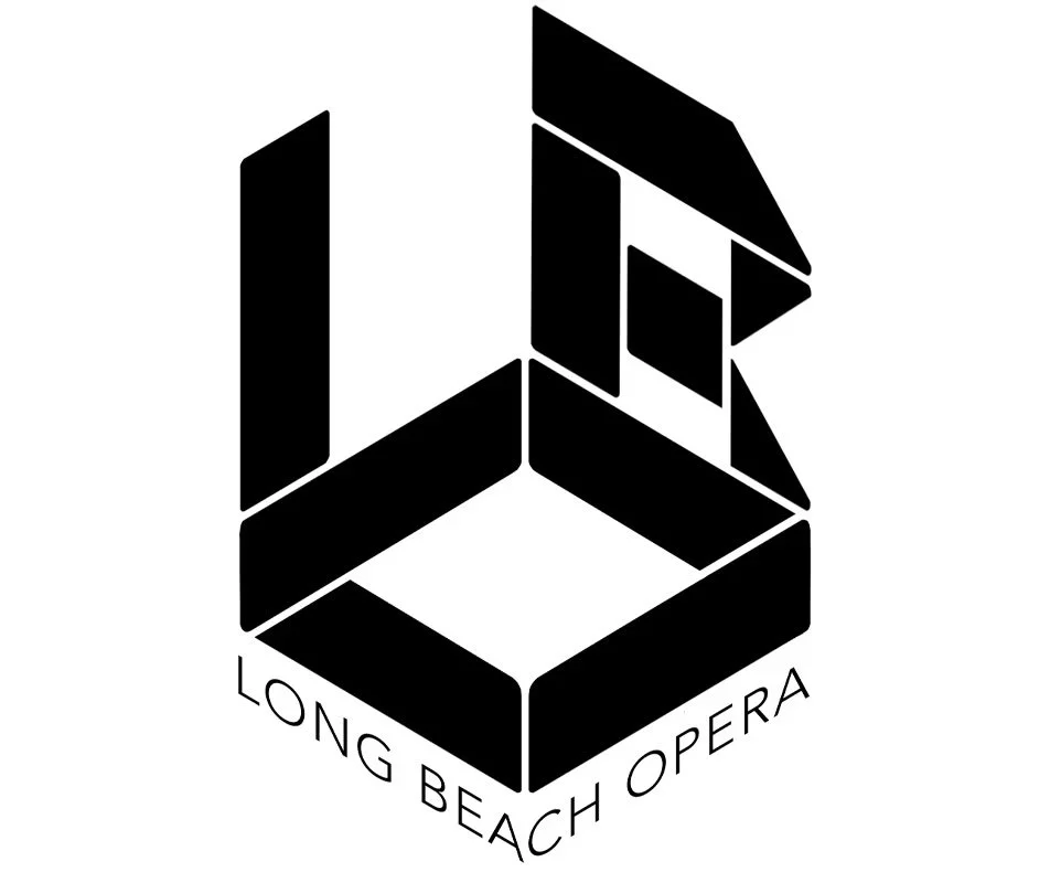 Black and white logo with geometric shapes and the text 'Long Beach Opera'