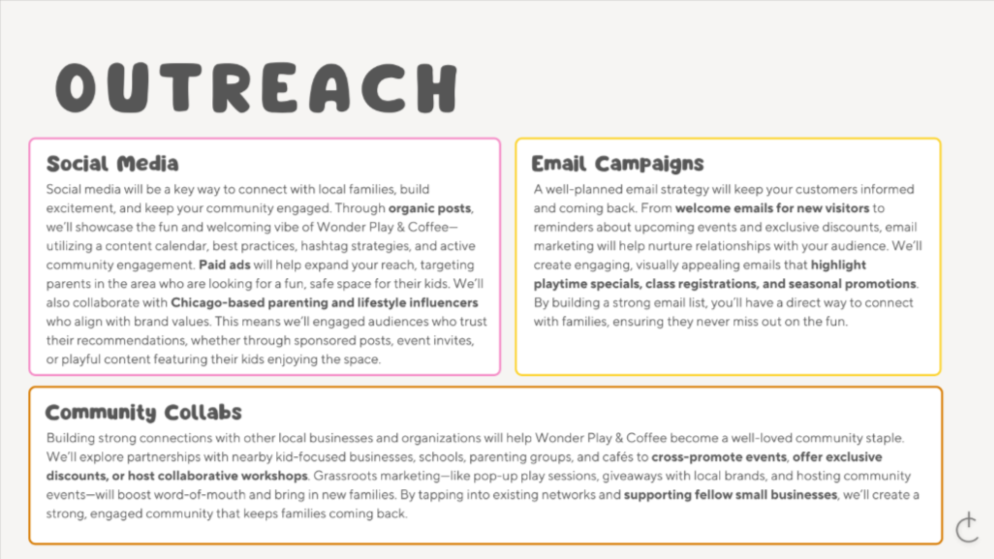 The outreach strategy: which local groups, businesses, and events to reach, and what to say to each.