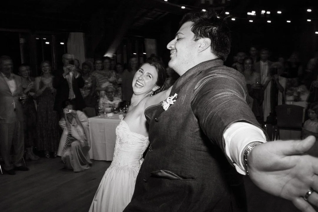 black and white photo of newlywed couple dancing at Outdoor Art Club San Francisco Mill Valley California wedding and elopement photographer  video by Andrea Vodickova