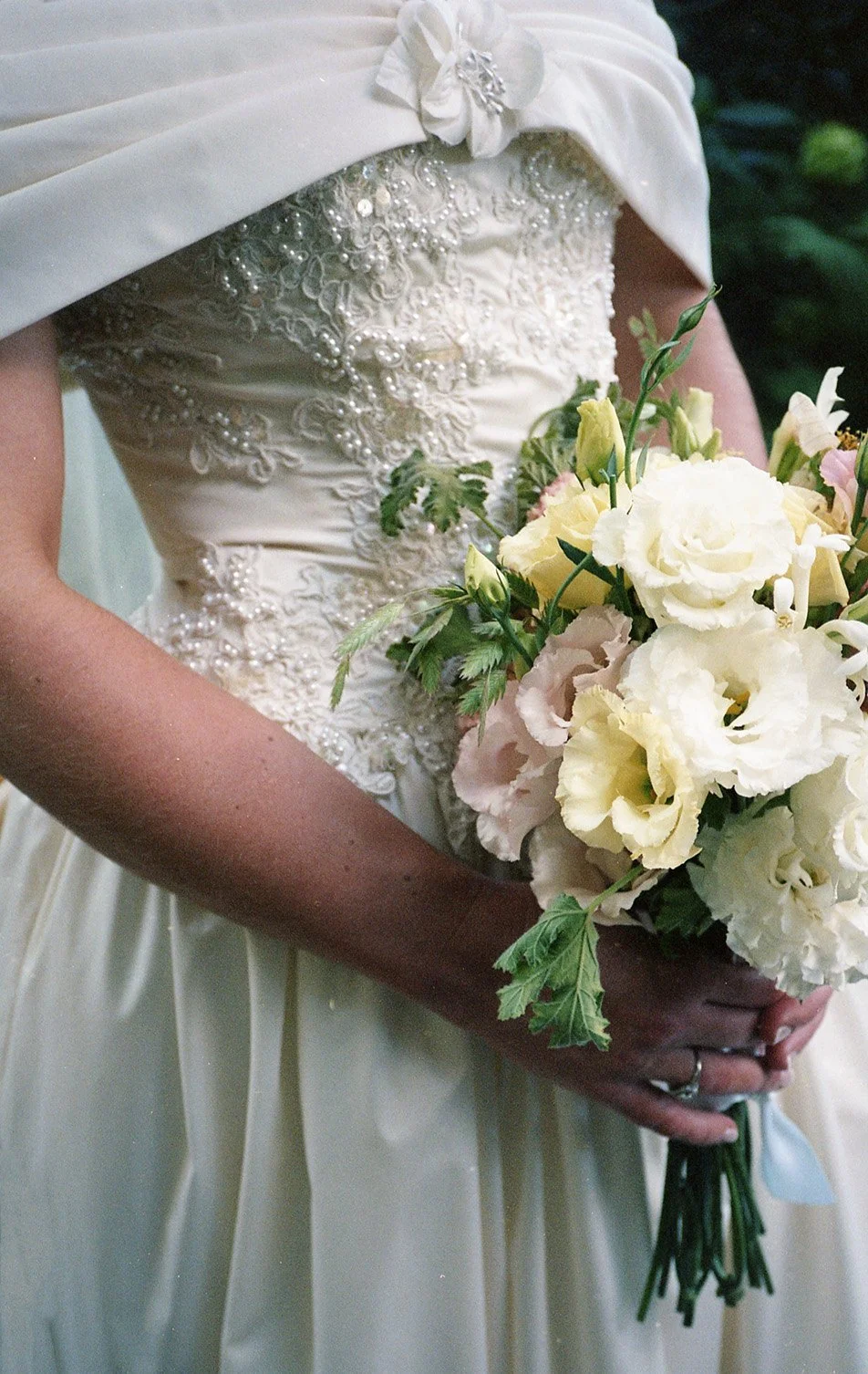 bridal detail of wedding dress and bouquet on 35mm film at Outdoor Art Club Mill Valley San Francisco Sonoma California wedding and elopement photographer by Andrea Vodickova