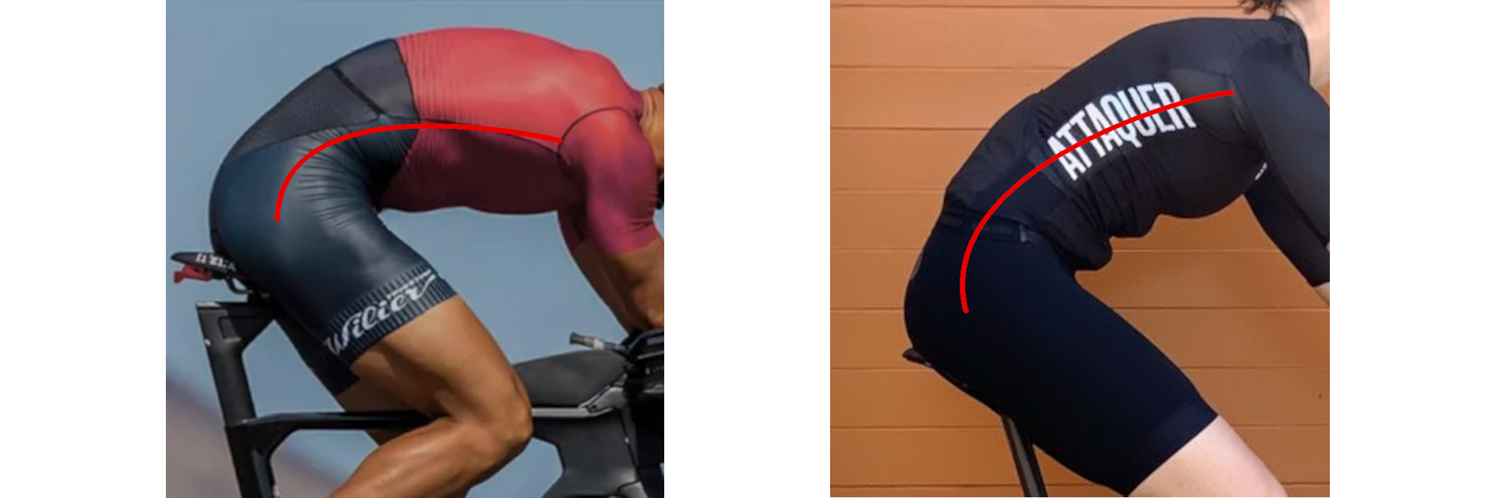 Two panel image of a TT and a Road rider with a red line illustrating how a posterior rotation of the riders hips cause misalignment to the torso.